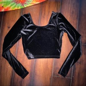 Black Suede Long-Sleeve Crop Top
